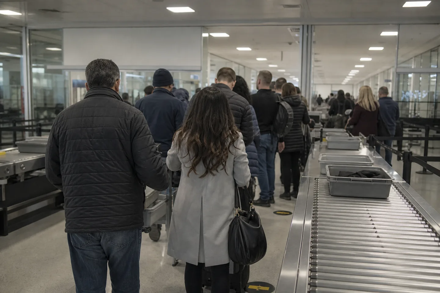 File d'attente au contrôle de sûreté d'un aéroport, vue de l'arrière, bacs de contrôle sur les rouleaux