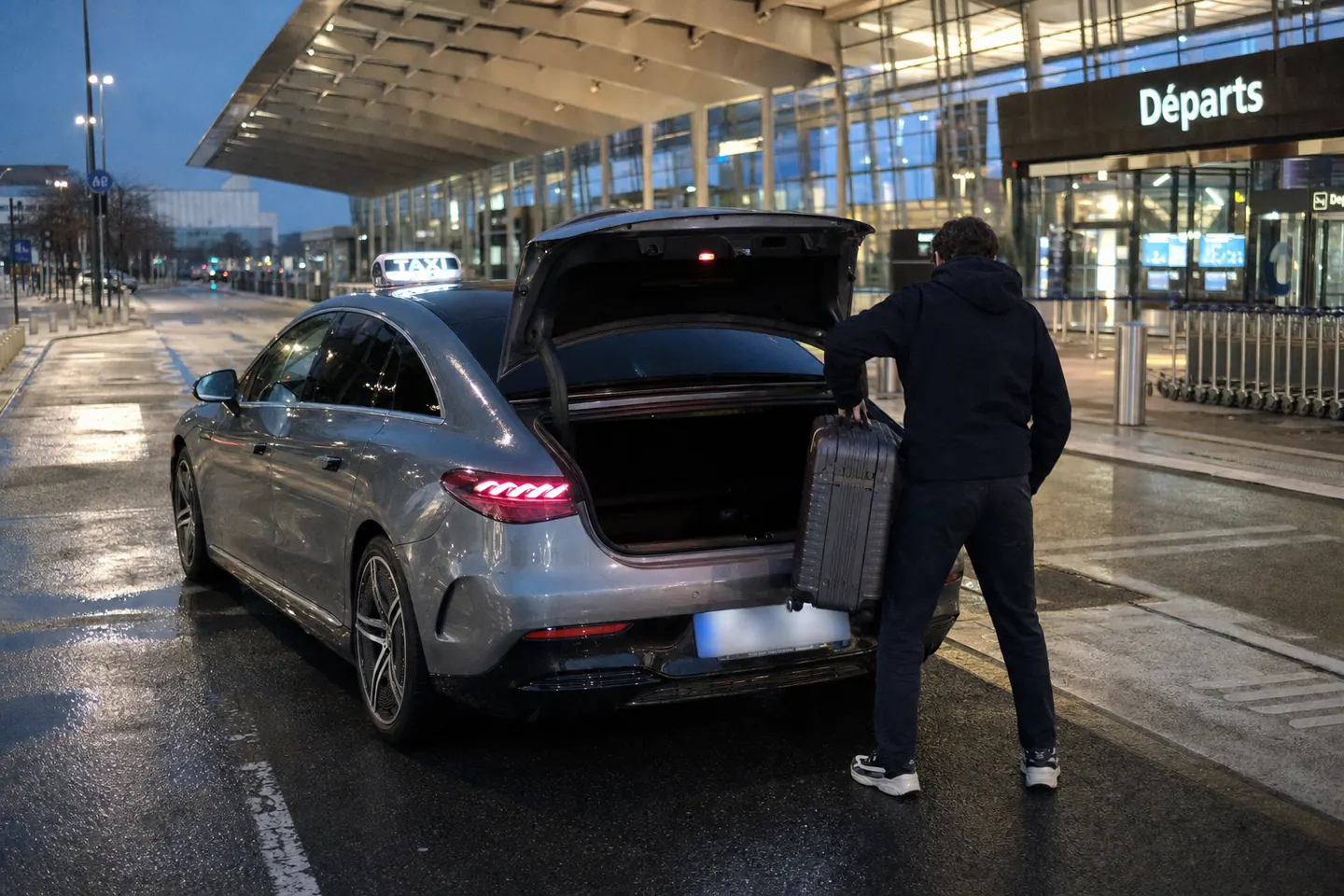 Taxi Mercedes EQE gris à l'arrêt le long d'un terminal de départs avant l'aube, coffre ouvert, un voyageur de dos sortant sa valise