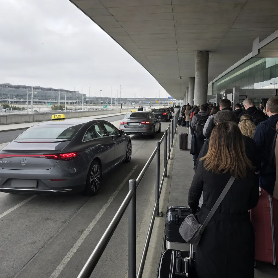 File de voyageurs avec valises, de dos, devant la station de taxis d'un aéroport international sous une casquette en béton, taxis en attente