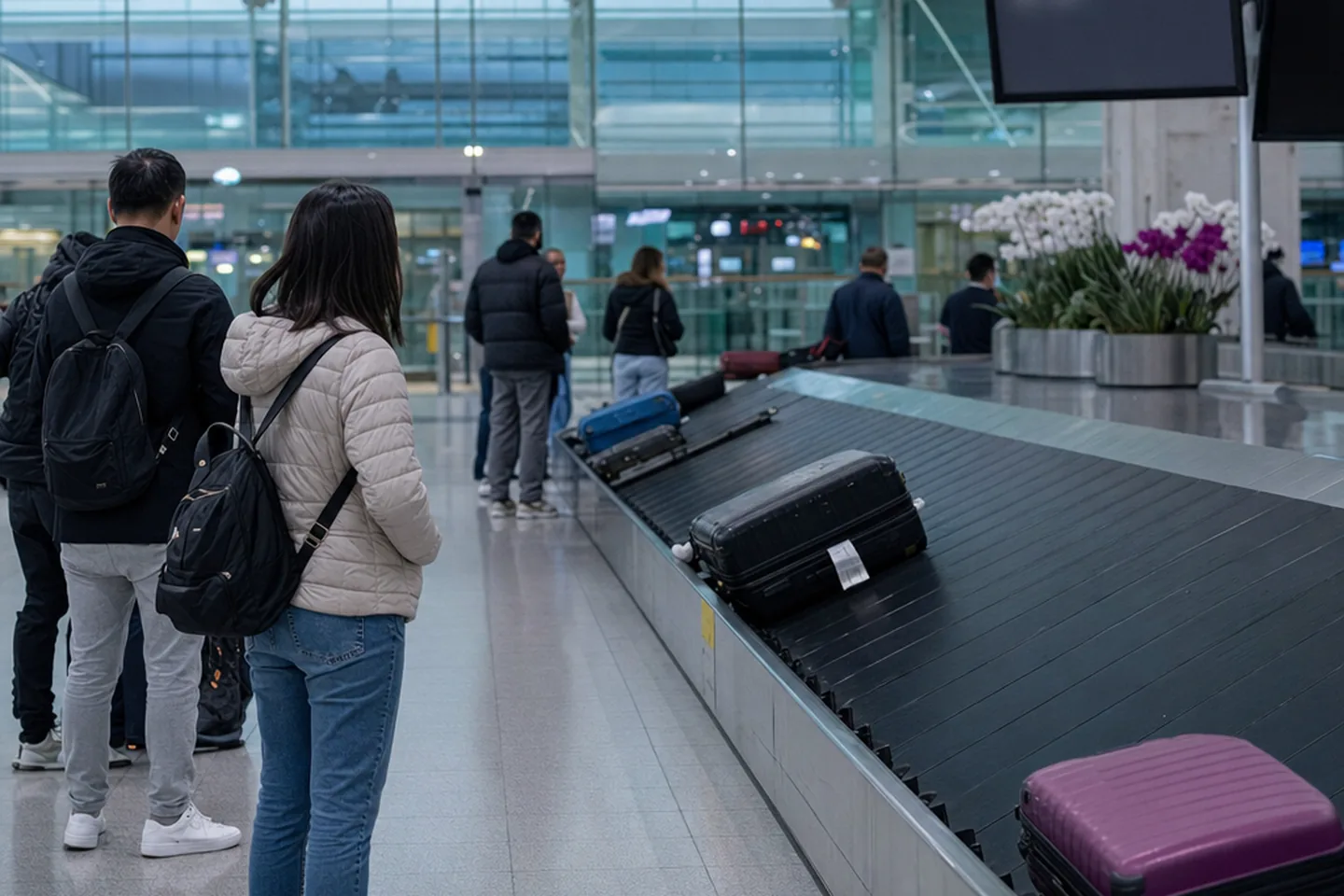 Tapis à bagages dans un hall d'arrivée d'aéroport, valises alignées sur le tapis roulant, voyageurs de dos en attente
