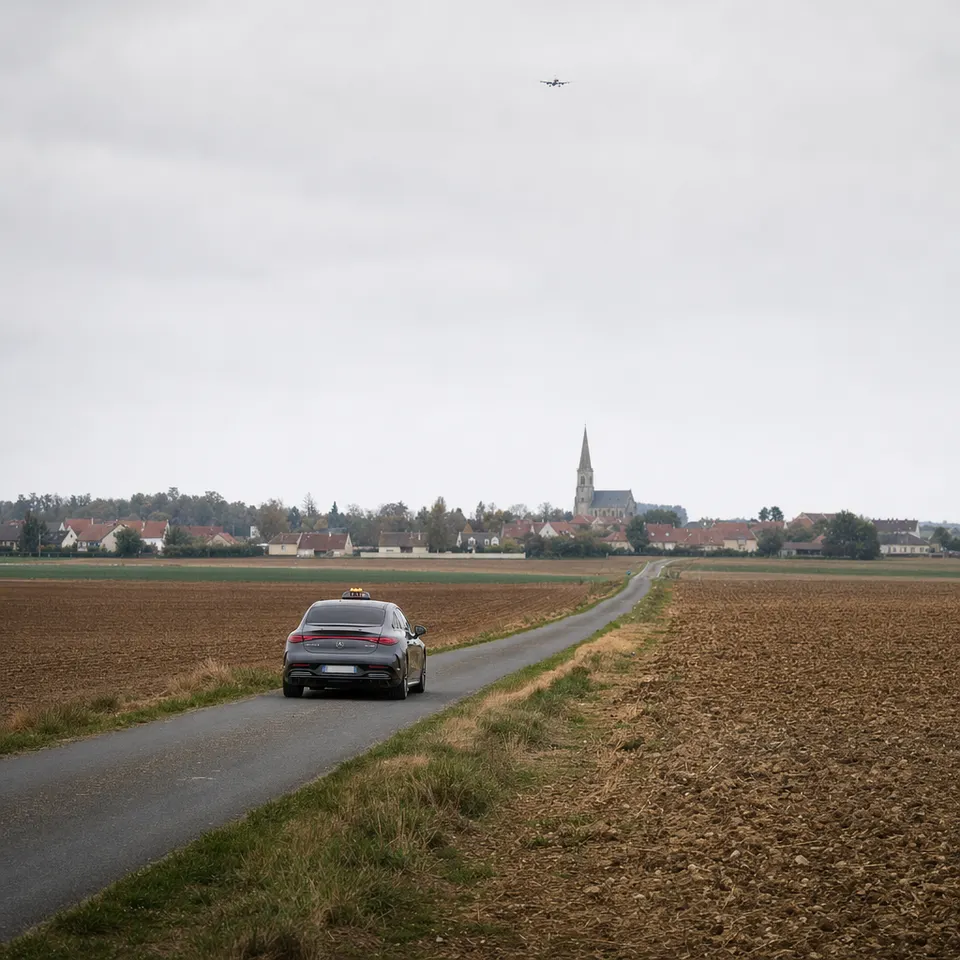 Taxi Mercedes EQE gris sur une route de campagne de la Goële entre des champs labourés, un village et son clocher à l'horizon, un avion en approche vers Roissy