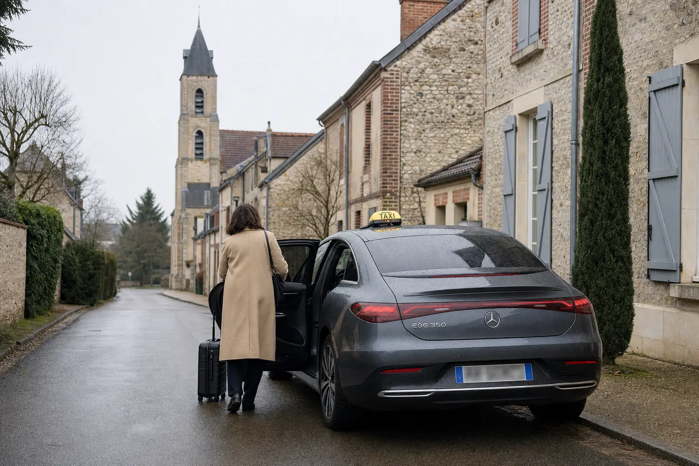 Taxi Mercedes EQE gris stationné dans une rue de village de la Goële, en Seine-et-Marne, portière arrière ouverte, une voyageuse de dos avec sa valise devant l'église